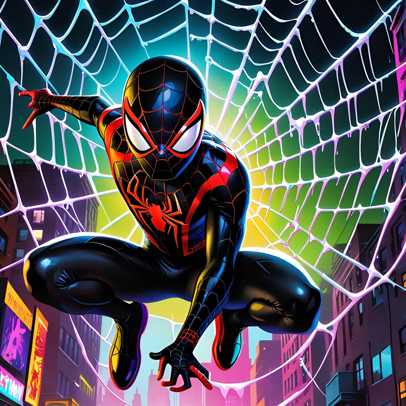 Miles Morales Spiderweb Art in Synthwave Graffiti Style
