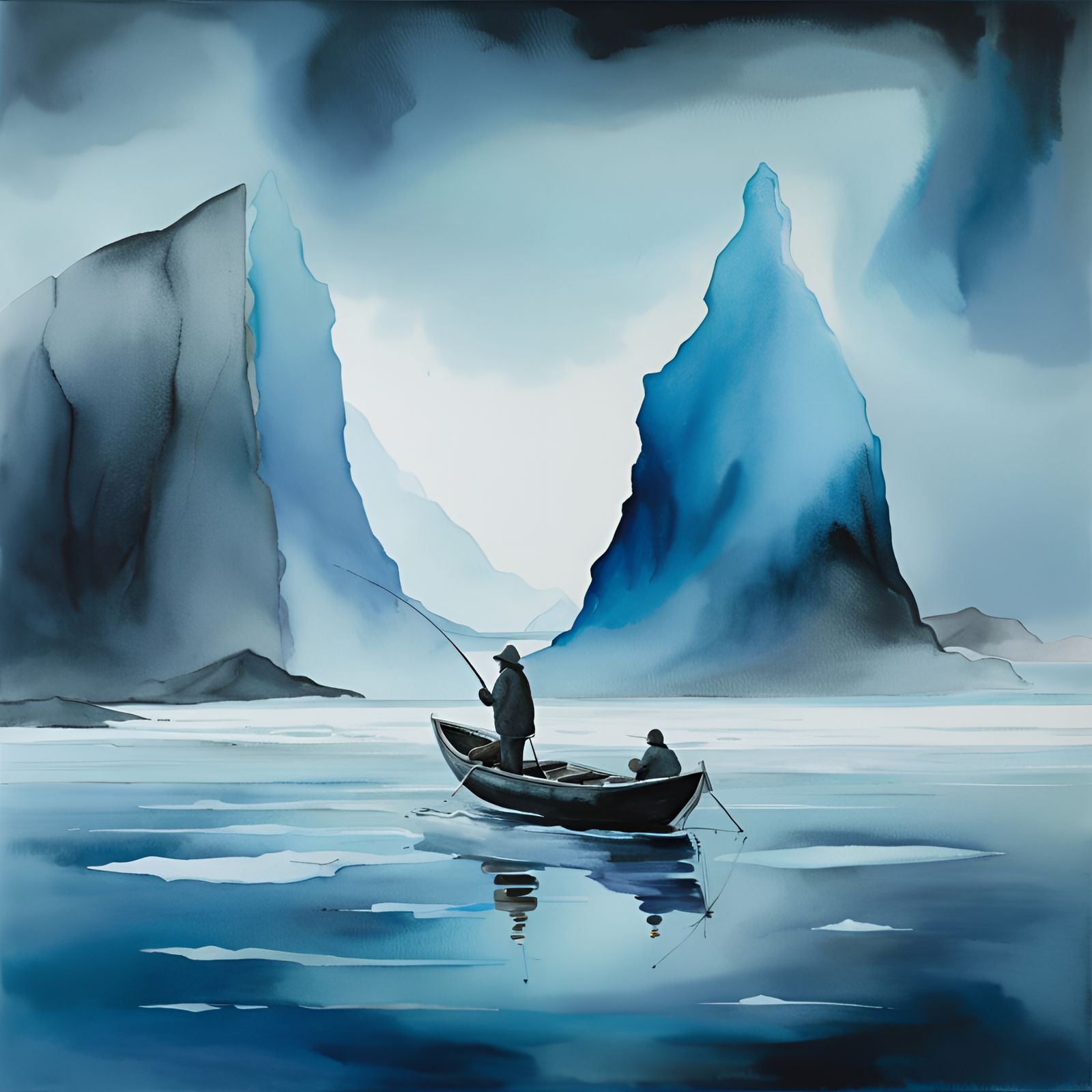 Inuit Fisherman on Iceberg in Watercolor Style