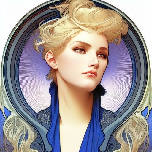 Blonde Woman in Blue Trench Coat, Art Nouveau Style