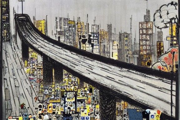 Cityscape with Winding Road in Film Noir Style