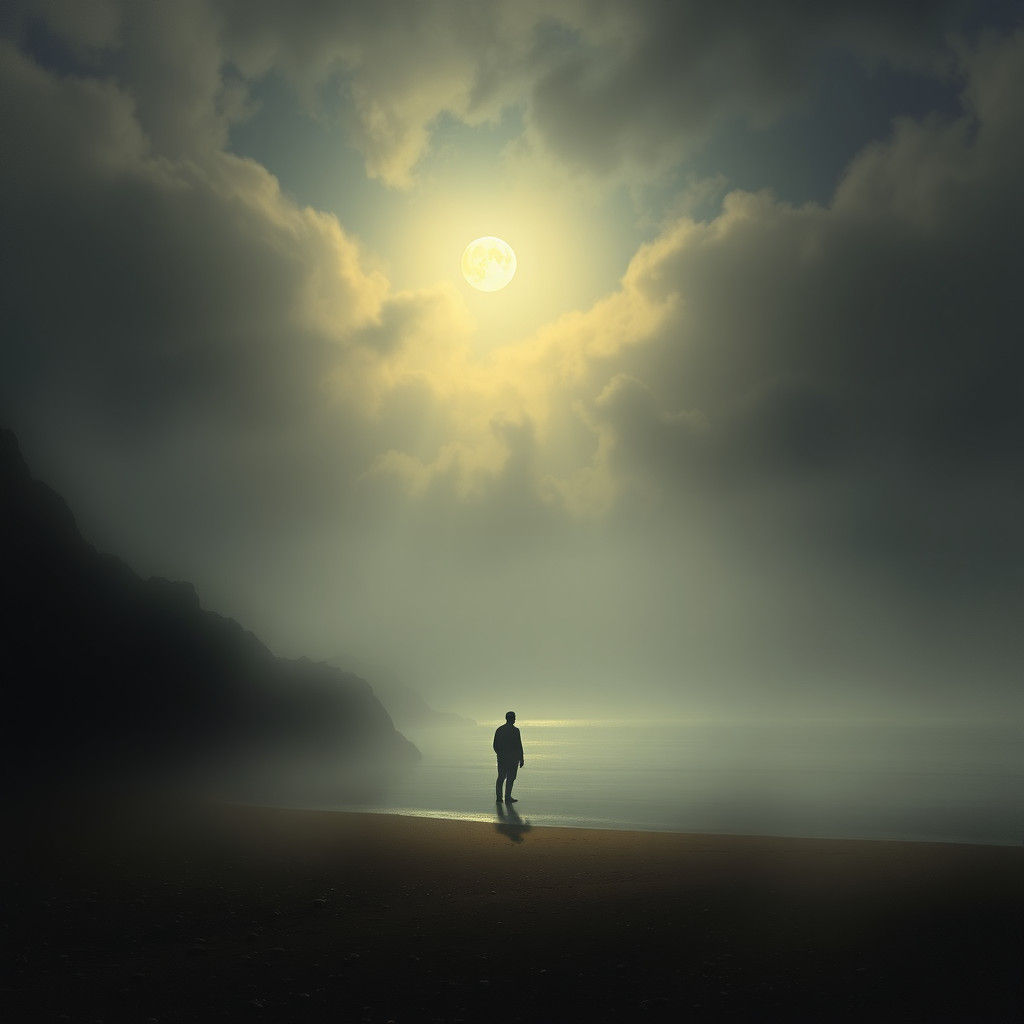Ethereal Moonlit Figure on Misty Beach
