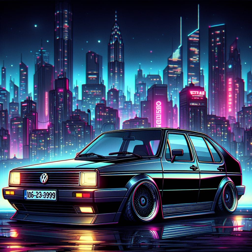 VW Passat in Neon City: Modern Comic Vector Art