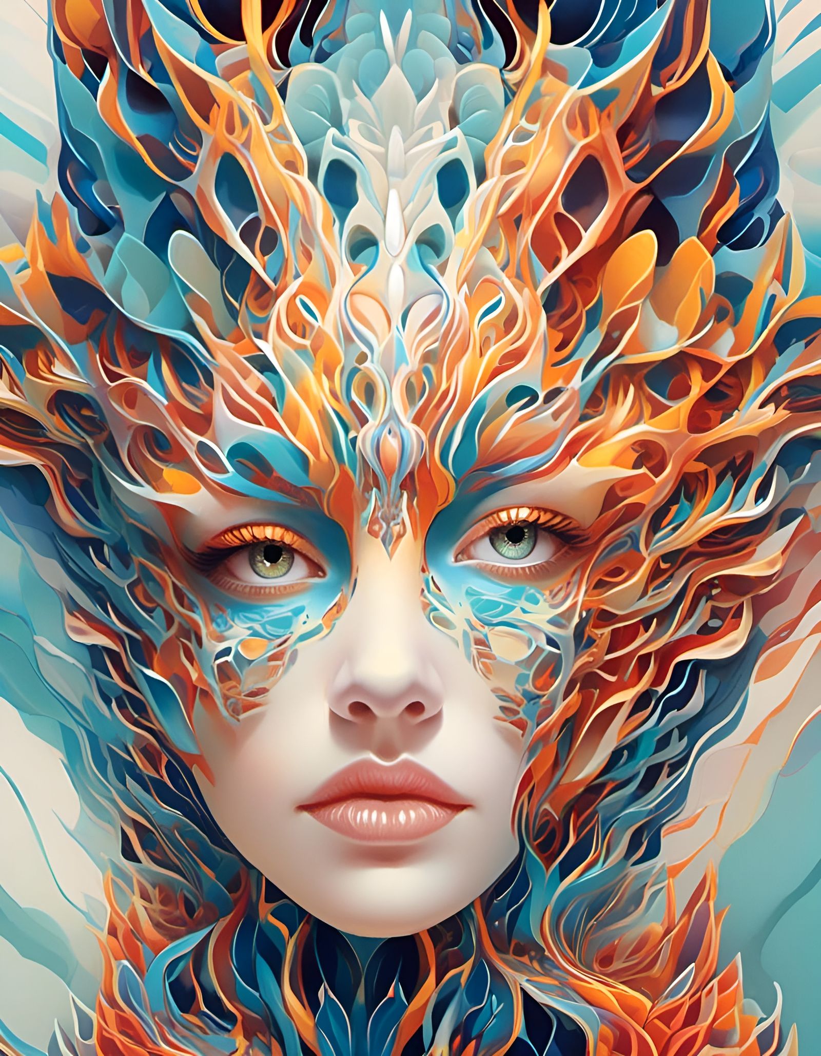 Tricolor Drawing of Woman with Fractal Forms