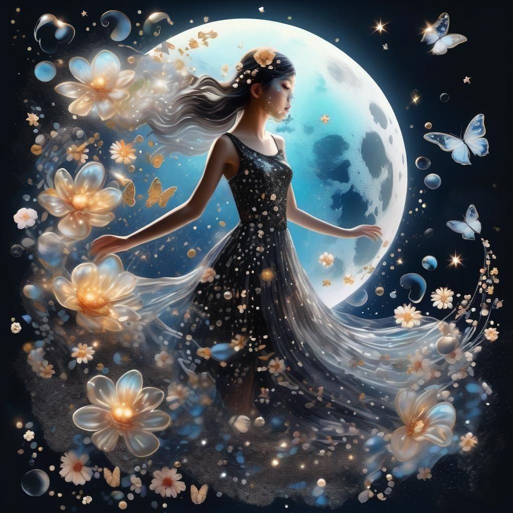 Ethereal Girl with Moon Butterflies in Sparkling Moonbeams