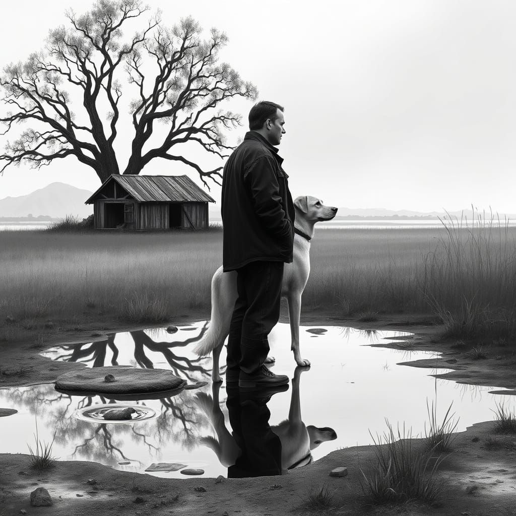 The Man and His Dog in Winter, based on a photograph I took