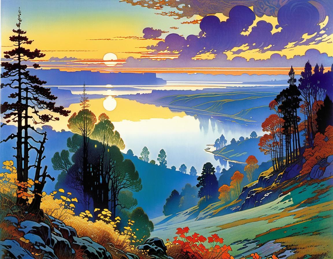Misty Autumn River Valley: Art Nouveau Illustration