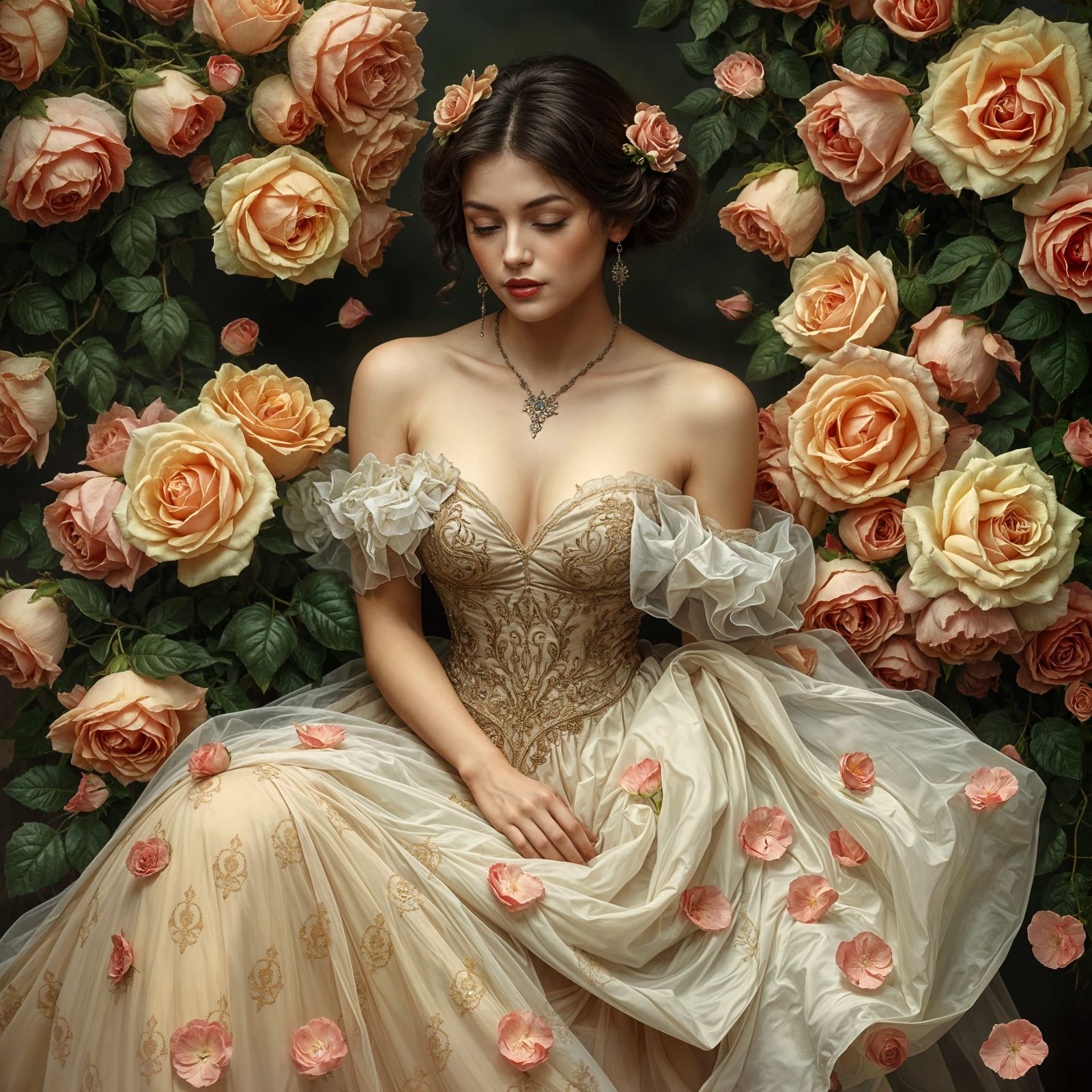 A Beautiful Woman Amidst a Blooming Rose Garden