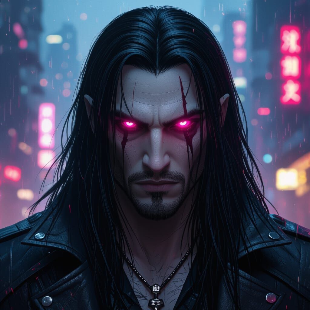 Cyberpunk Lycan Vampire with Pink Eyes in Neon City
