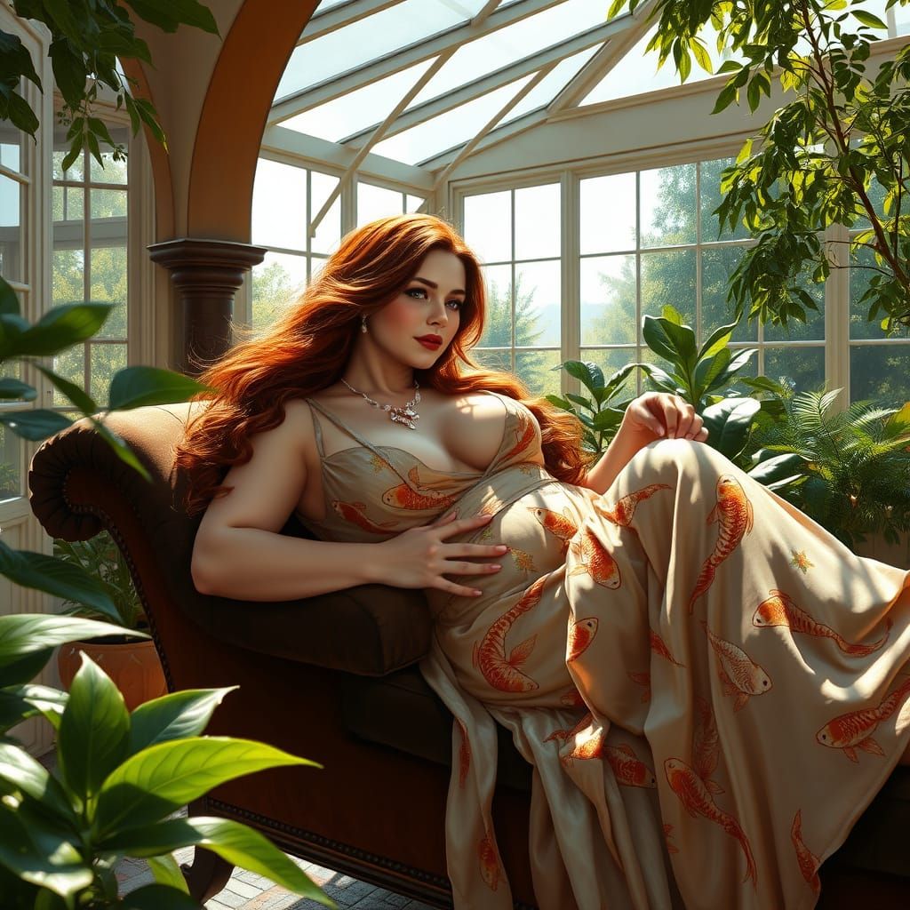 Sensual Woman Reclines in Sunlit Solarium with Delicate Jewe...