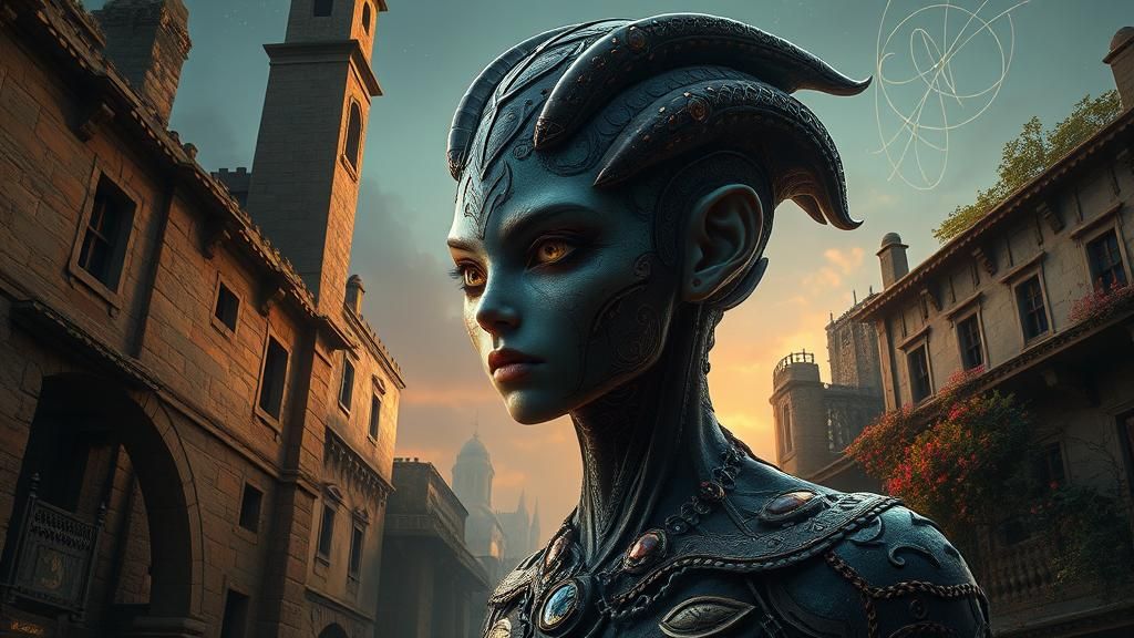 Mystical Being Portrait with Ancient Alien Buildings