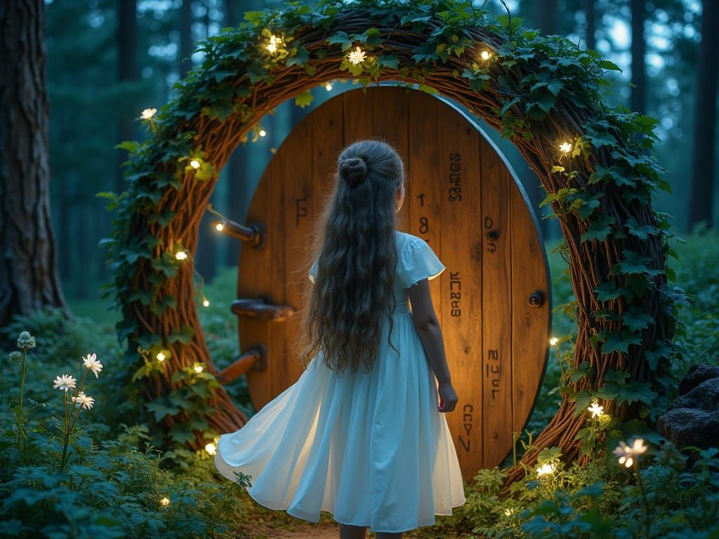 Whimsical Woodland Goddess Before Ancient Door