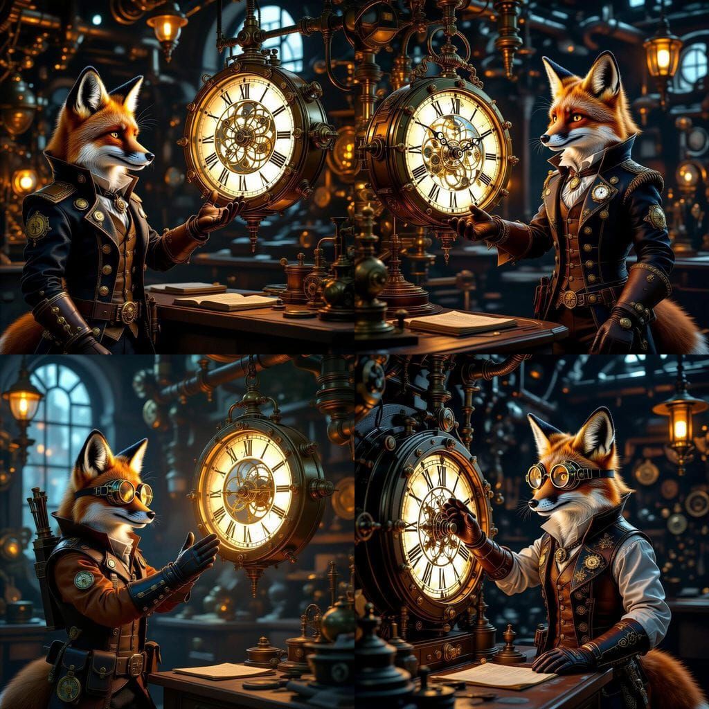 Steampunk Fox Explorer Reaching Clockwork Portal