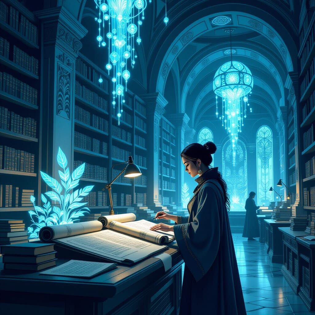 Lone Librarian in Glowing Library, Minimalist Logo Style