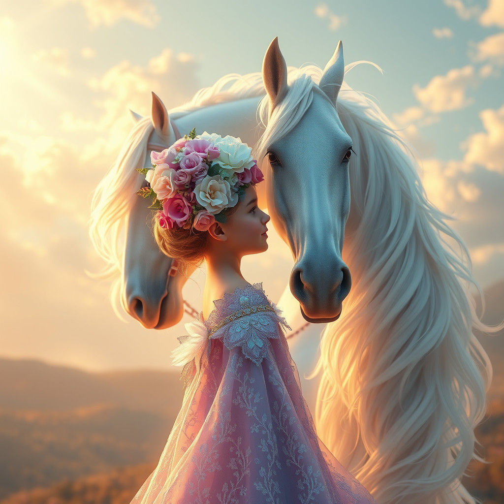 Ethereal Flower Girl with Horse in Fantasy Landscape