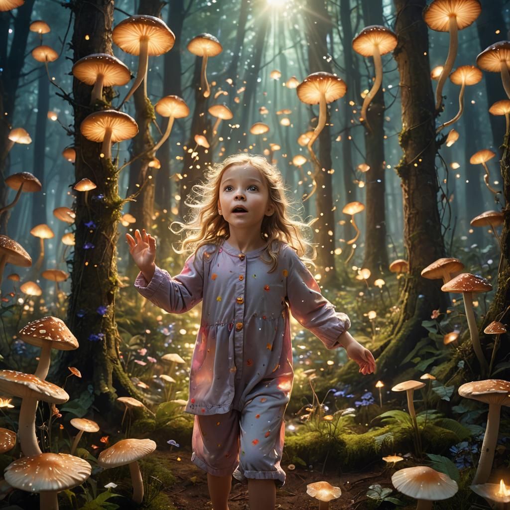 Girl Emerges from Vortex in Fantasy Forest