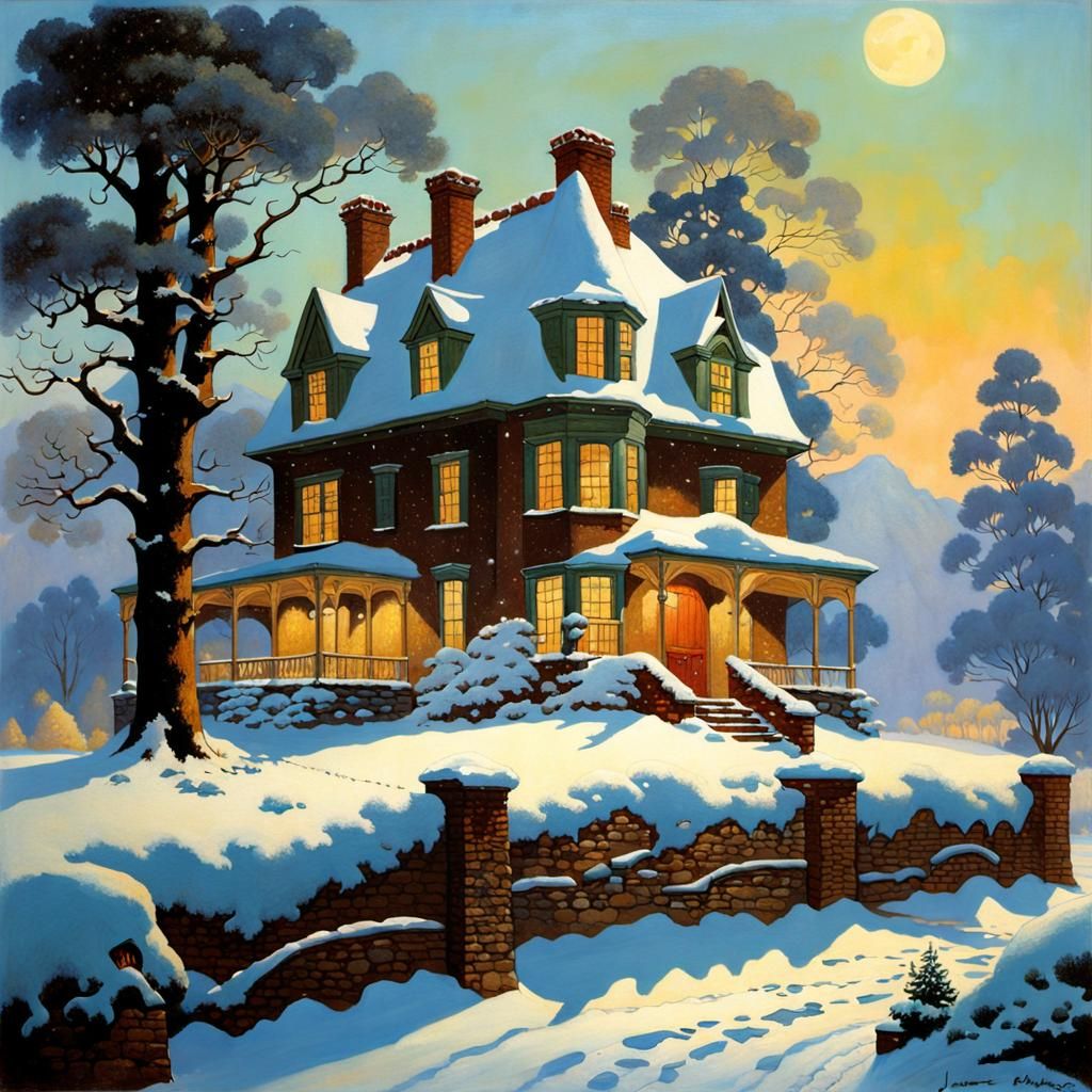 Snowy Country Home in Golden Age Illustration Style