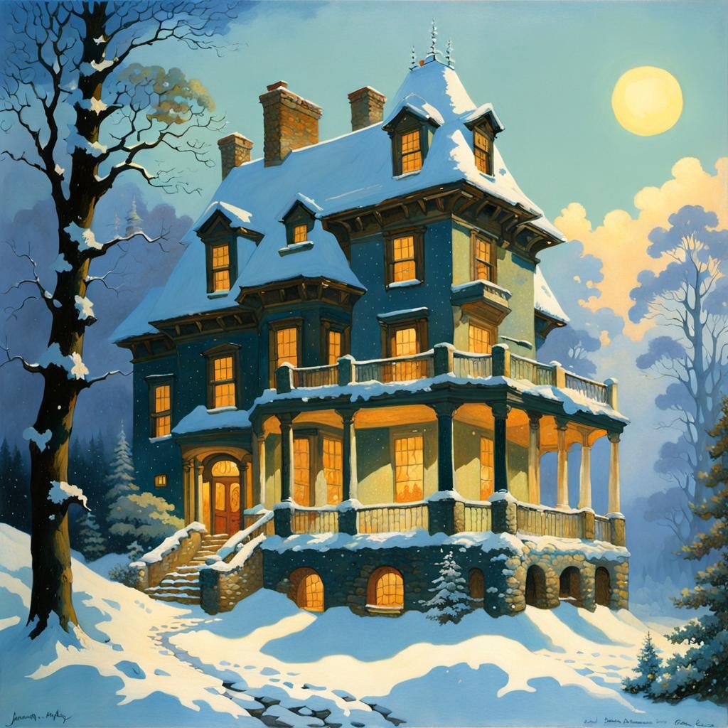 Snowy Country Home in Golden Age Illustration Style