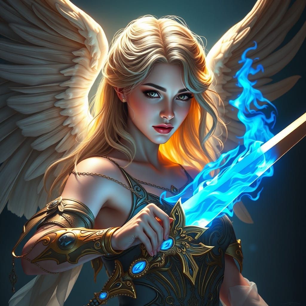 Celestial Angel Summoning Vibrant Blue Flame in Sword