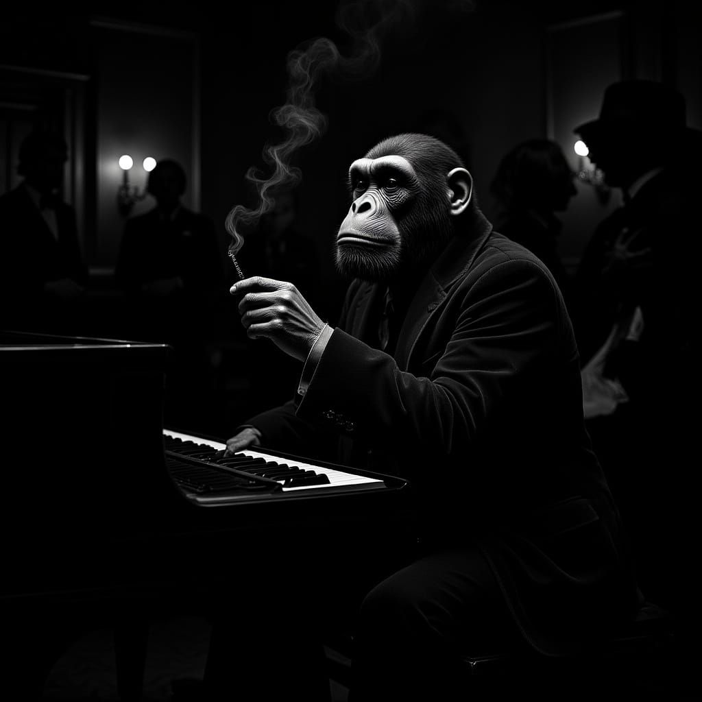 Chimpanzee Jazz Pianist in Film Noir Style
