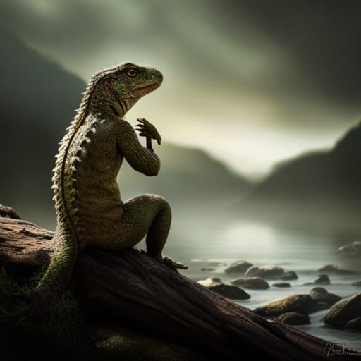Hyperrealistic Lizardman Admiring a Stream in HDR