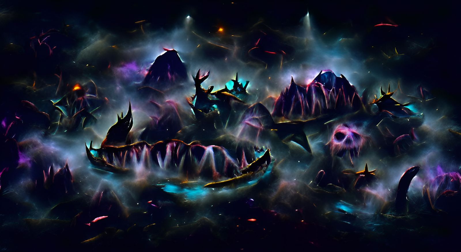 Prehistoric Underwater Mountain in Dark Cosmic Horror Style