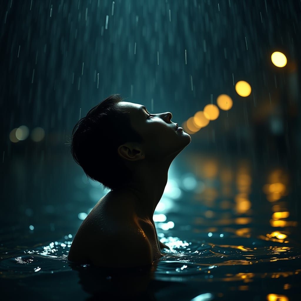 Heartbroken Figure Tilted to the Sky in Rainy Scene