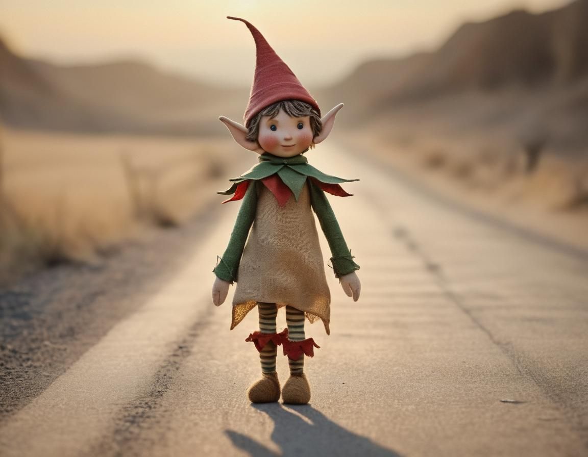 Burlap Elf Doll on Dusty Road: Watercolor Fantasy