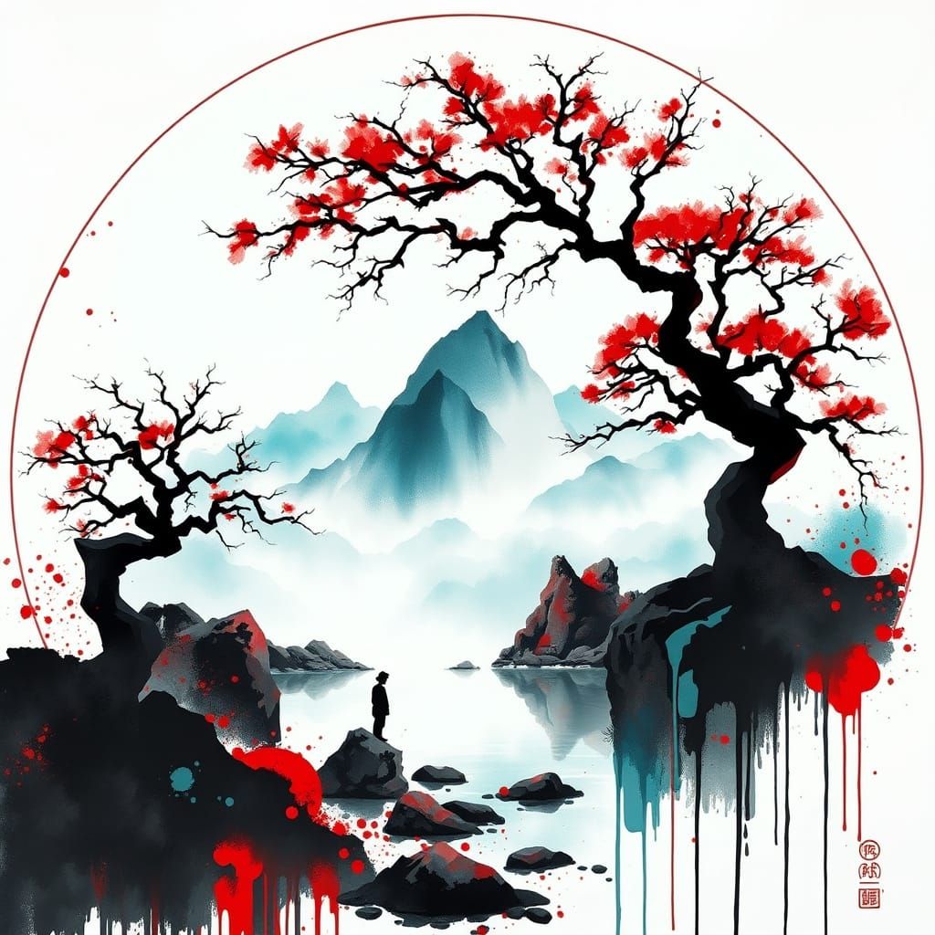 Ethereal Asian-Inspired Landscape in Delicate Hand-Painted F...