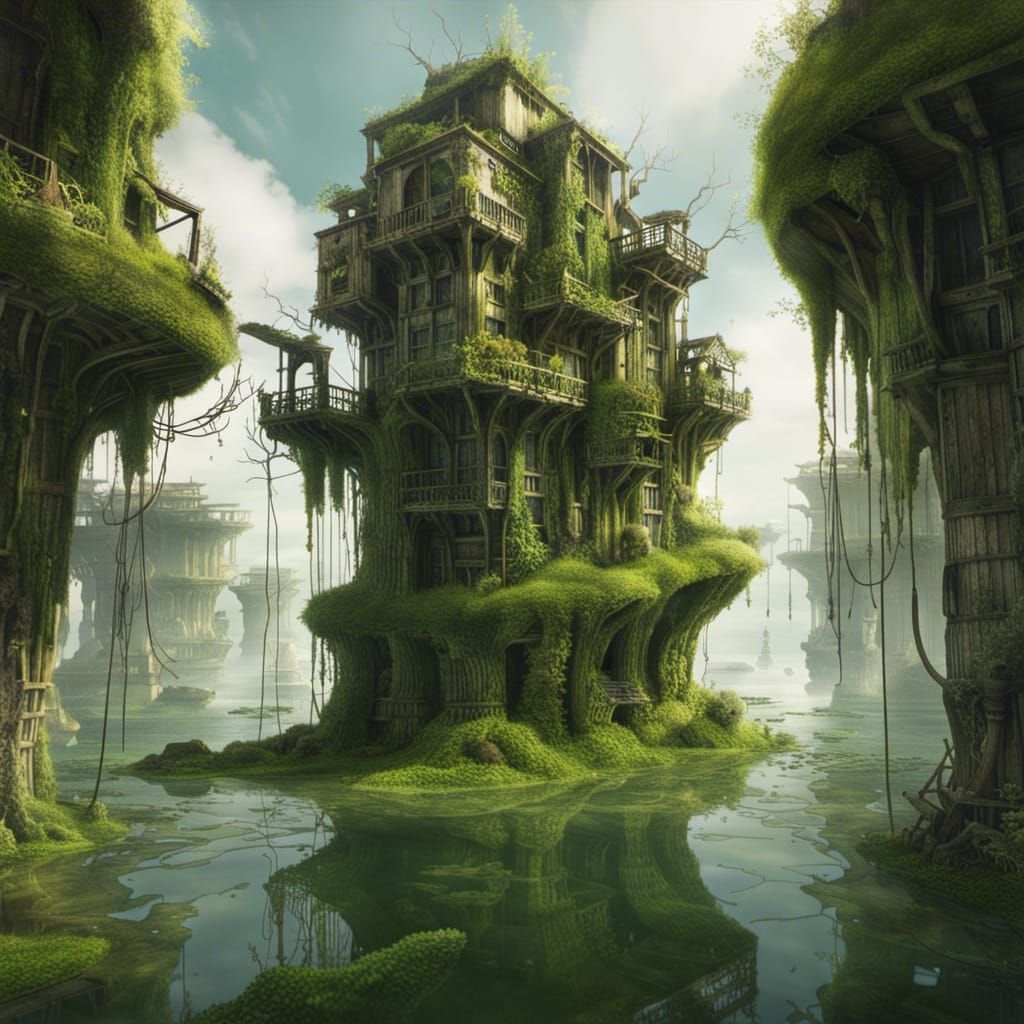 Floating Wooden City in Post-Apocalyptic Style