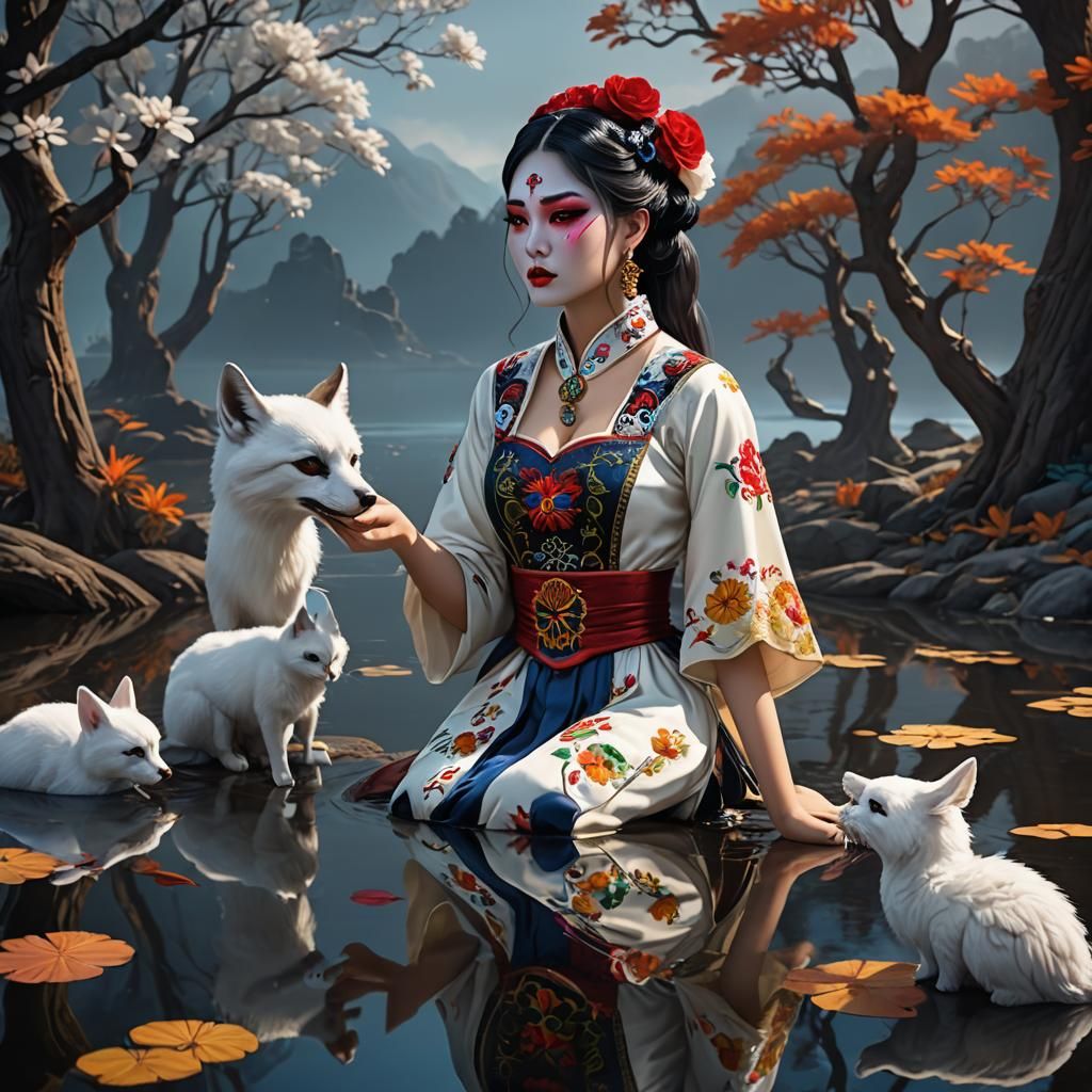 Korean Girl with Nine Tails and Día de los Muertos Face Pain...