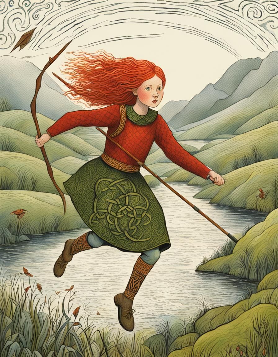 Celtic Girl Hunting with Spear in Naive Art Style