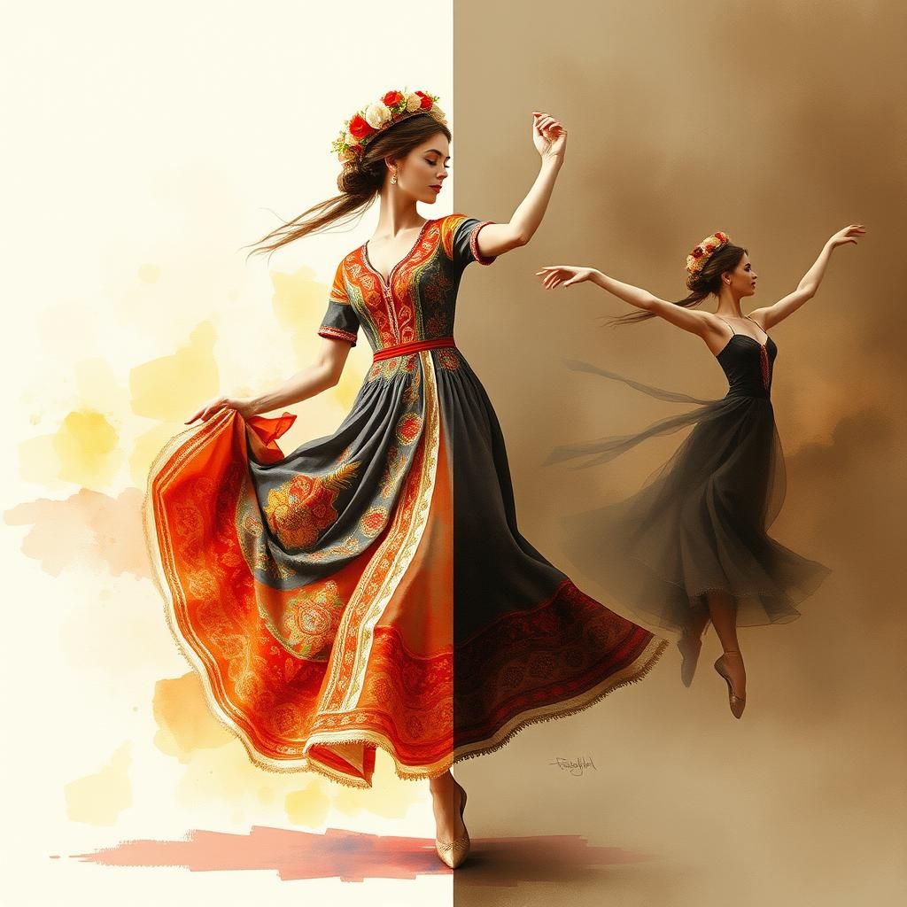 Ethereal Dancer in Dual Folkloric Styles as Impressionism