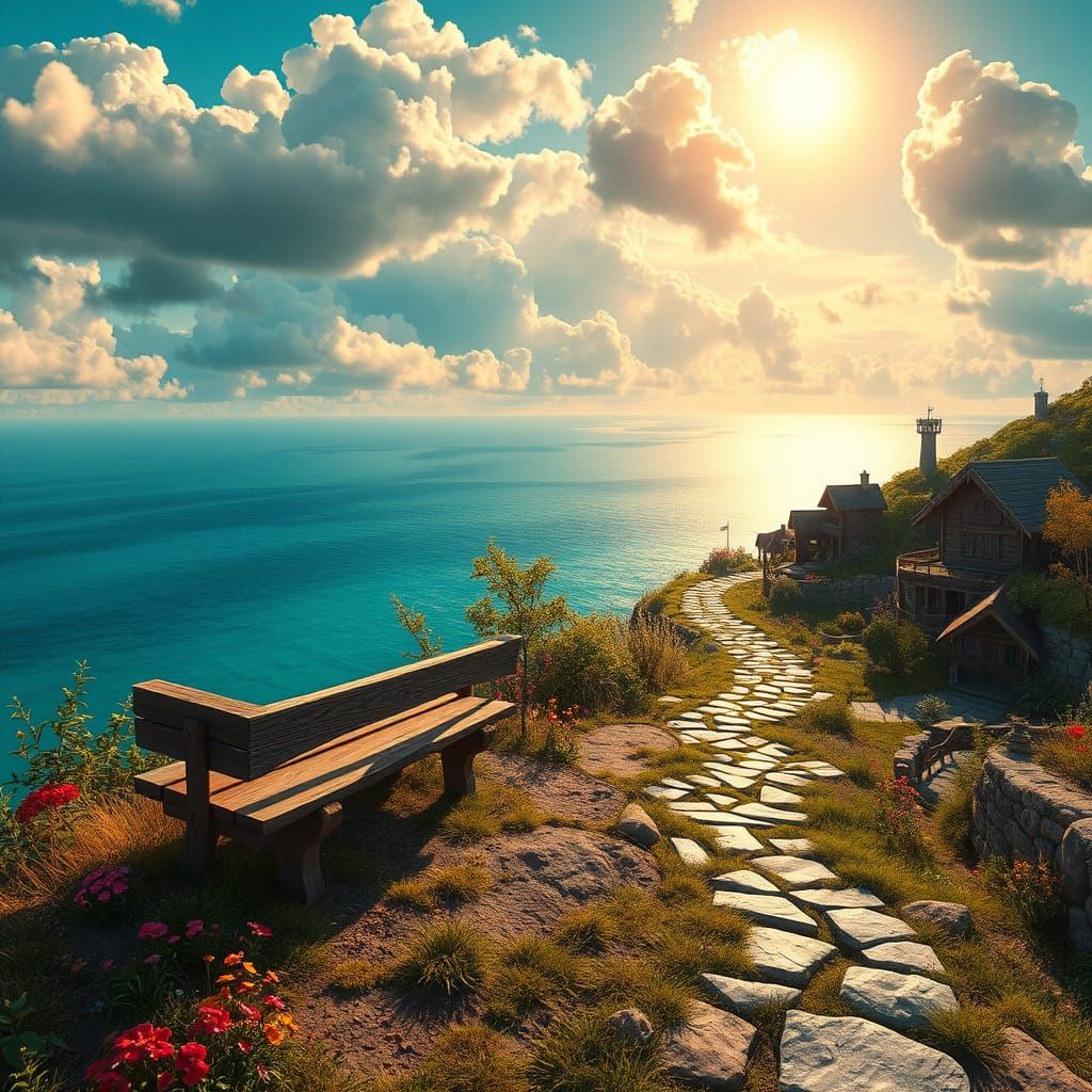 Whimsical Cliffside Oasis in Vibrant Fantasy Landscape