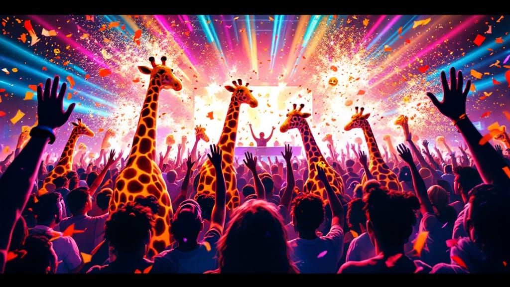 Joyful Dancers in Neon Rave with Giant Plush Giraffes