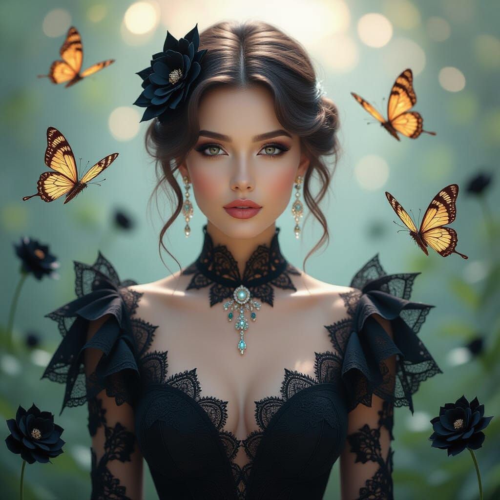 A full-body portrait of a stunning woman, rendered in ultra-...