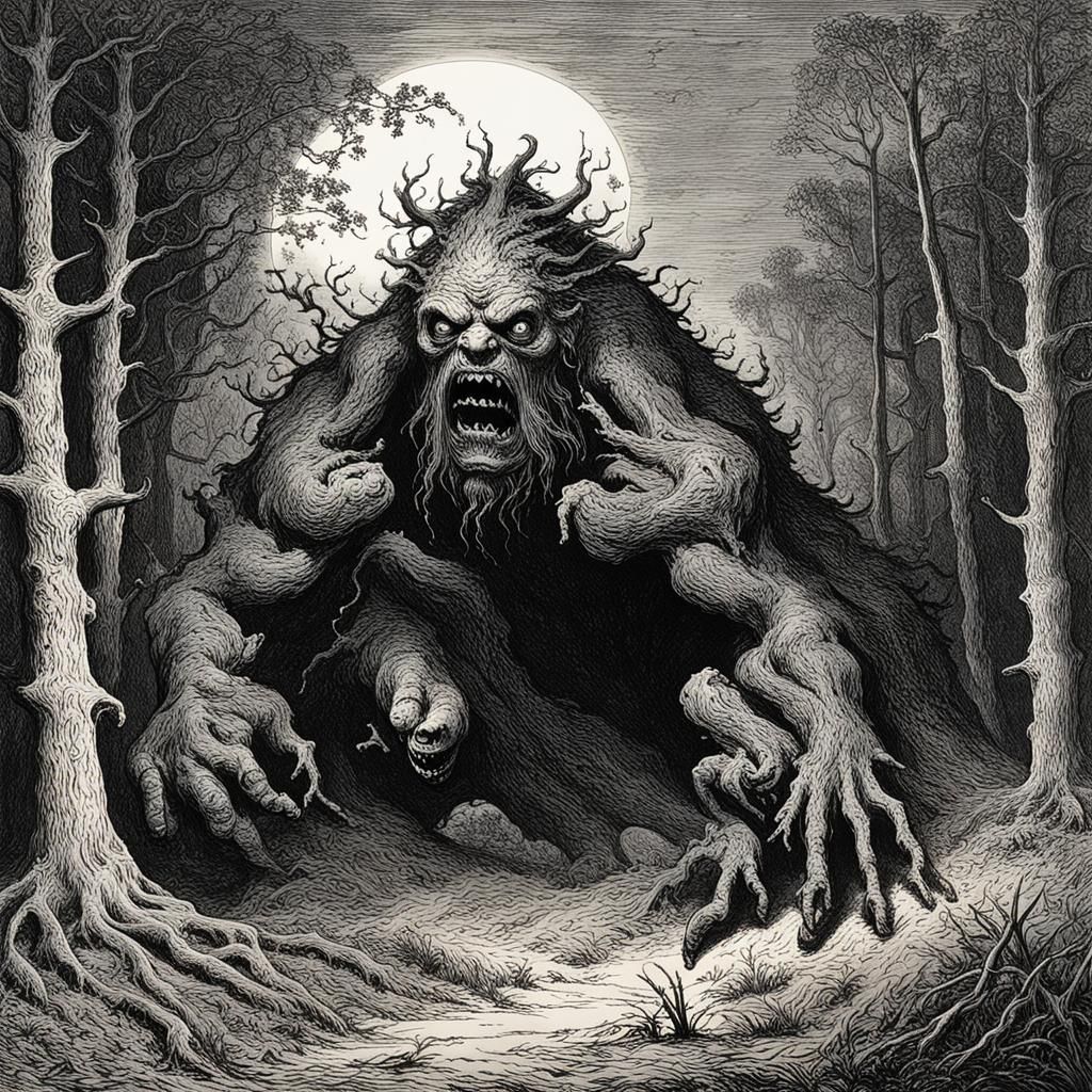 Horror Monster Hidden in Dark Forest