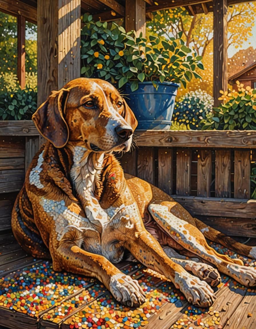Pointillist Hound Asleep on a Porch