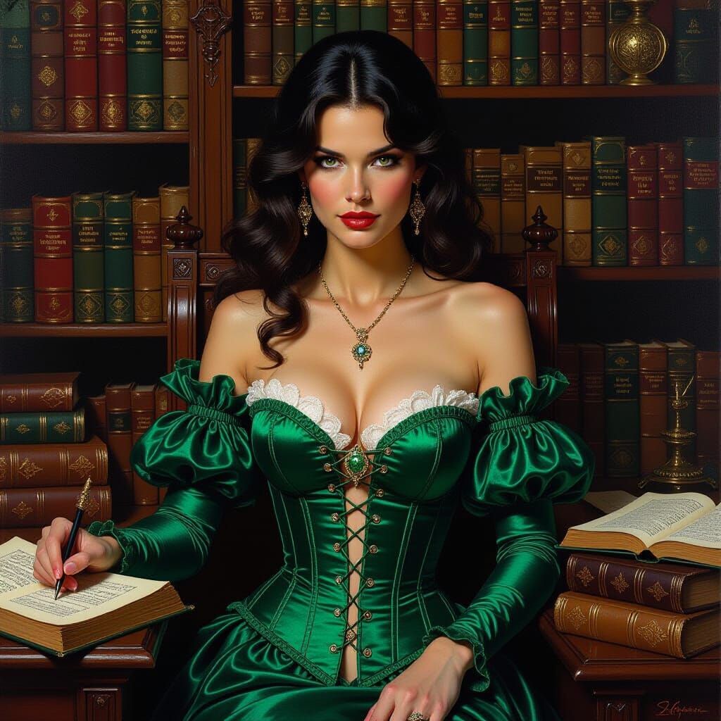 Sorceress in Professor's Study, Fantasy Oil Painting