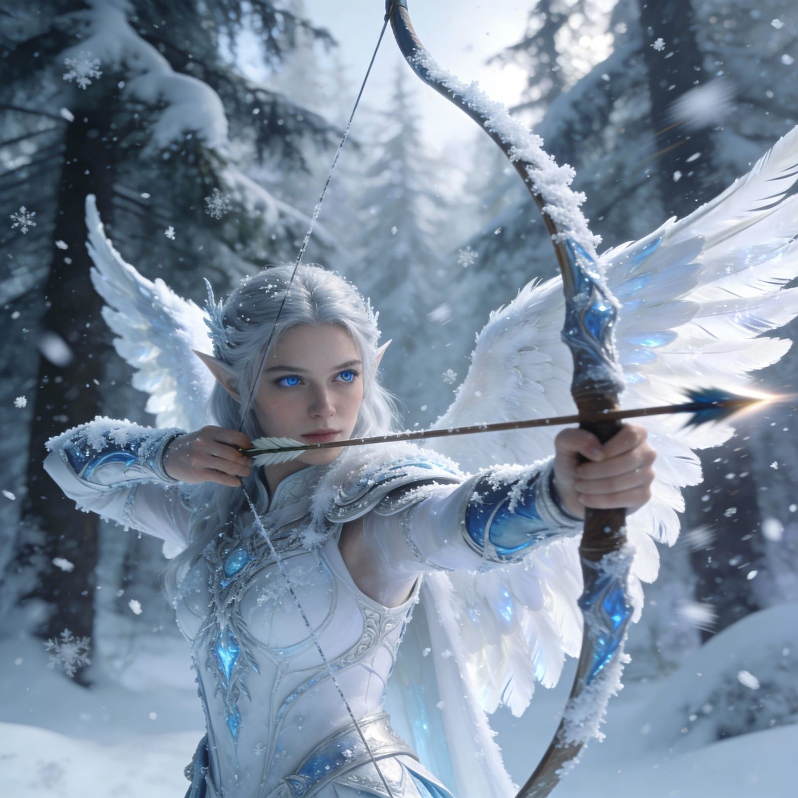 Snow Elf Archer with Wings in Ethereal Forest