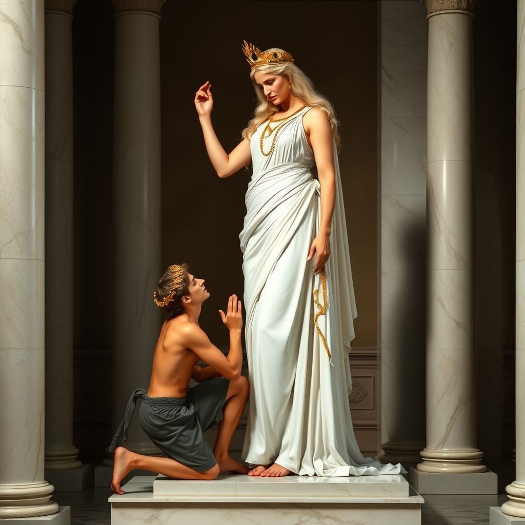 Regal Goddess Commands Obedient Mortal in Classical Scene