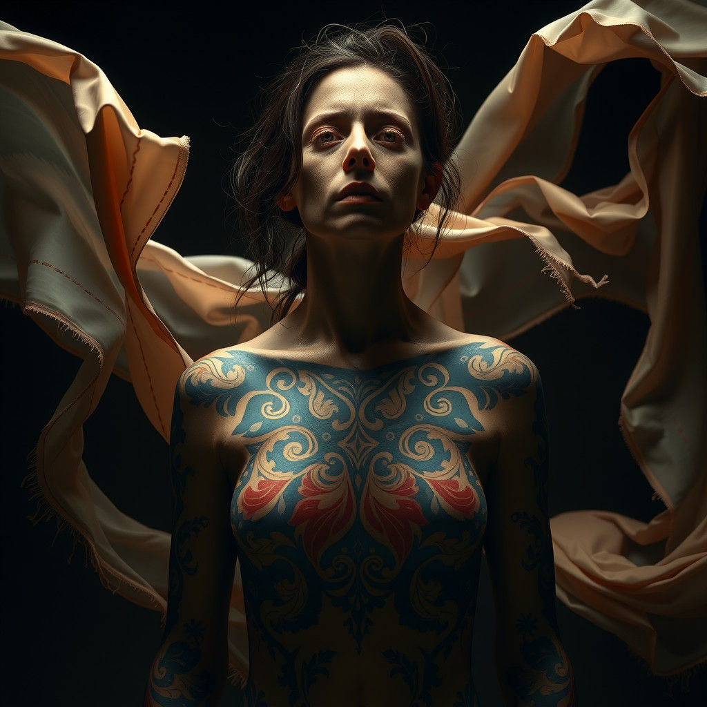 Woman with Persian Carpet Tattoo in Dark Lighting