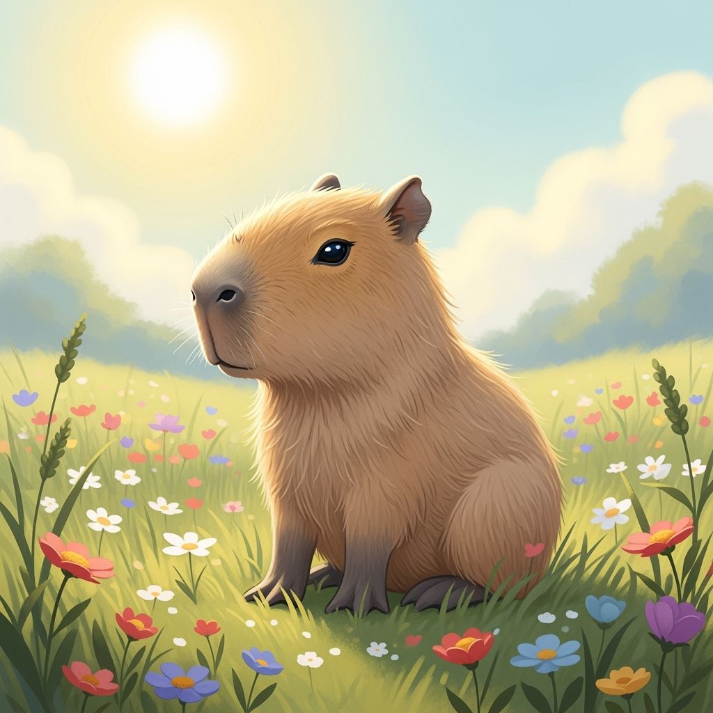 Adorable Baby Capybara in Wildflower Field, Storybook Style