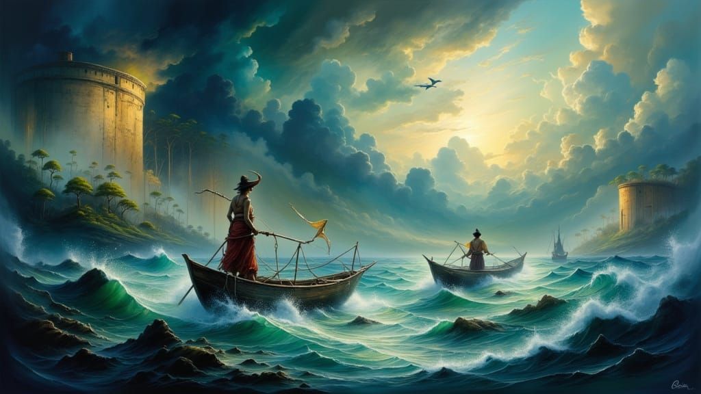 Polynesian Sailors Navigate Stormy Seas: Digital Matte Paint...
