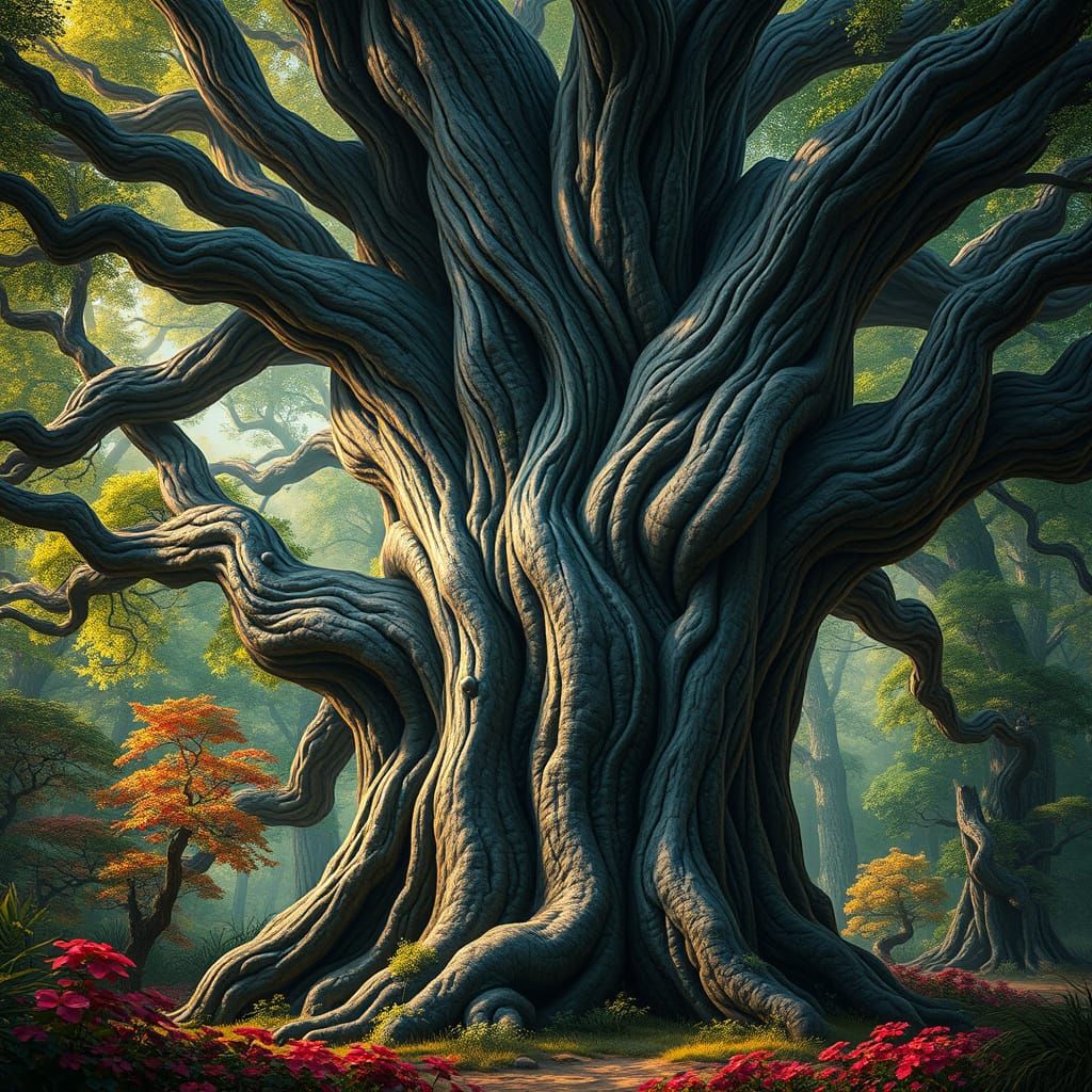Ancient Tree in Lush Forest, Digital Art
