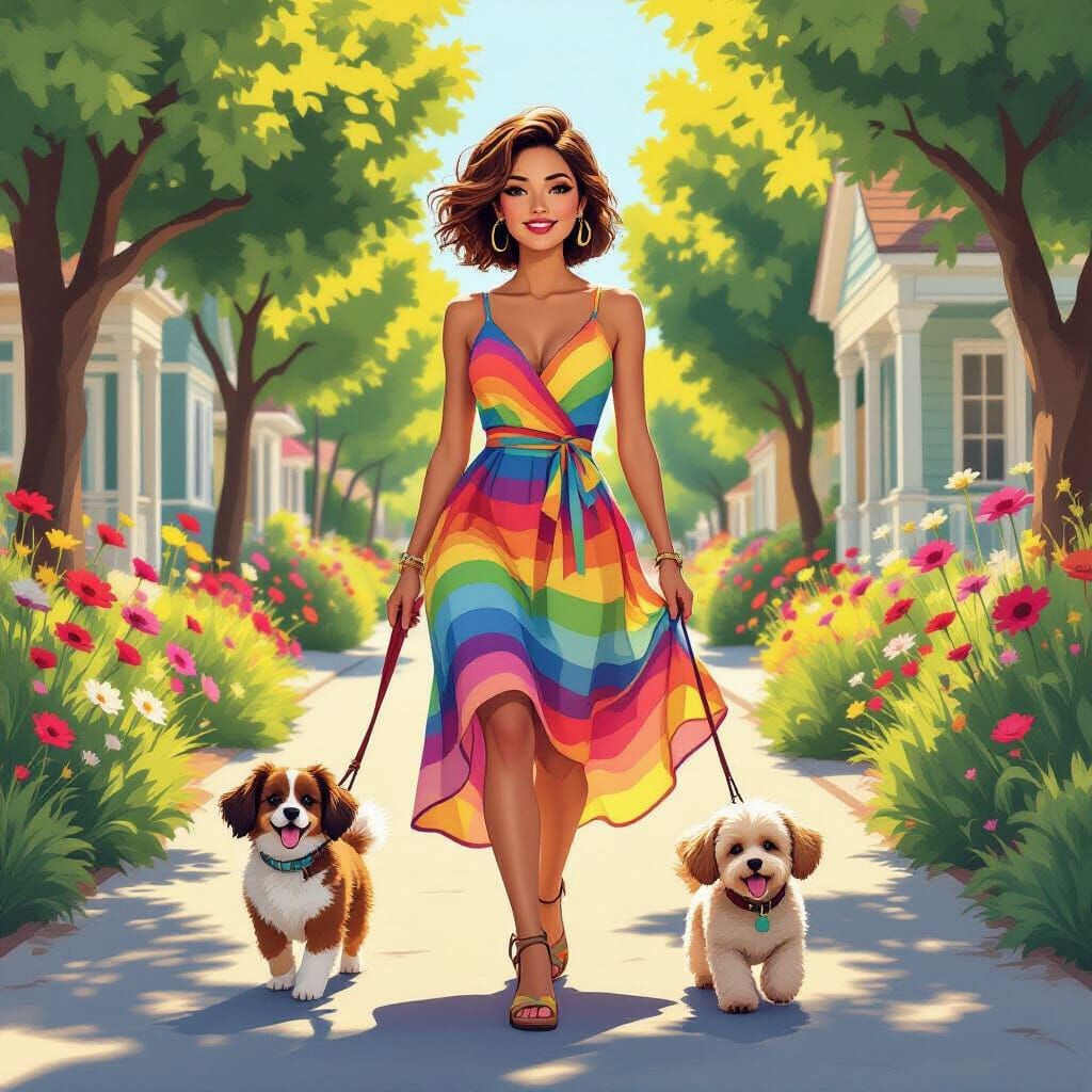 Woman Walking Dog in Whimsical Caricature Style