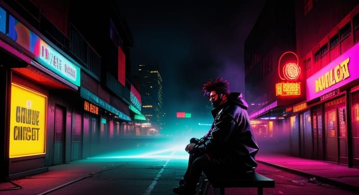 Cyberpunk Homeless Man Reads Book in Neon City