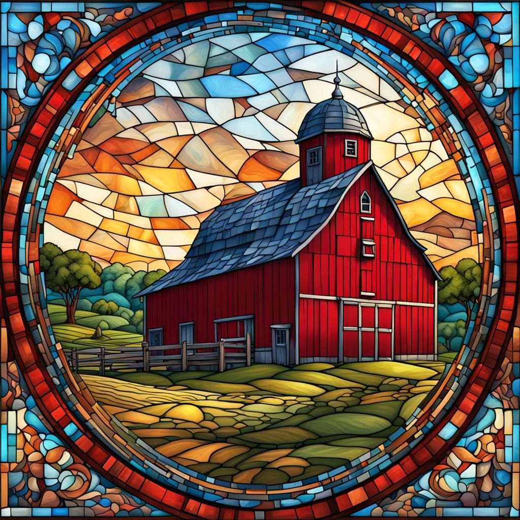 Fantastical Red Barn with Stained Glass Windows