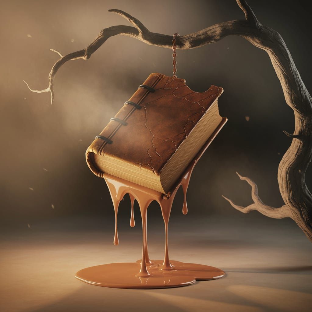 Melting Book Suspended from Gnarled Tree Branch