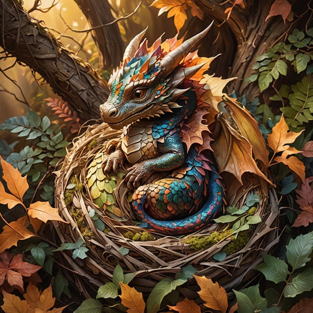Sleeping Baby Dragon in Colorful Nest