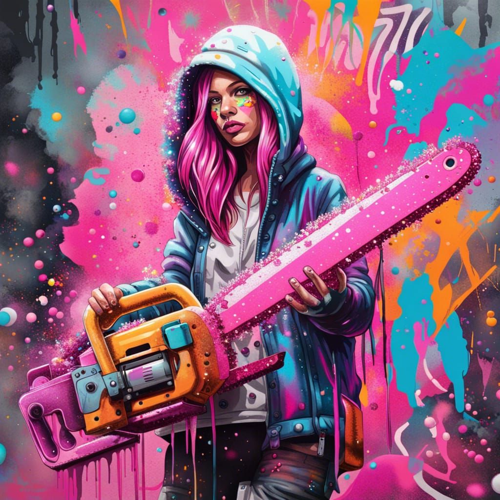 Colorful Glitter Chainsaw in Graffiti Street Art Style